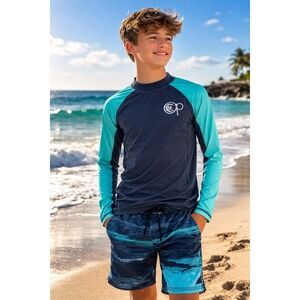 Ocean Pacific OP Boys Rash Guard Swim Shirt Navy Teal Long Sleeve Size 14 Surf